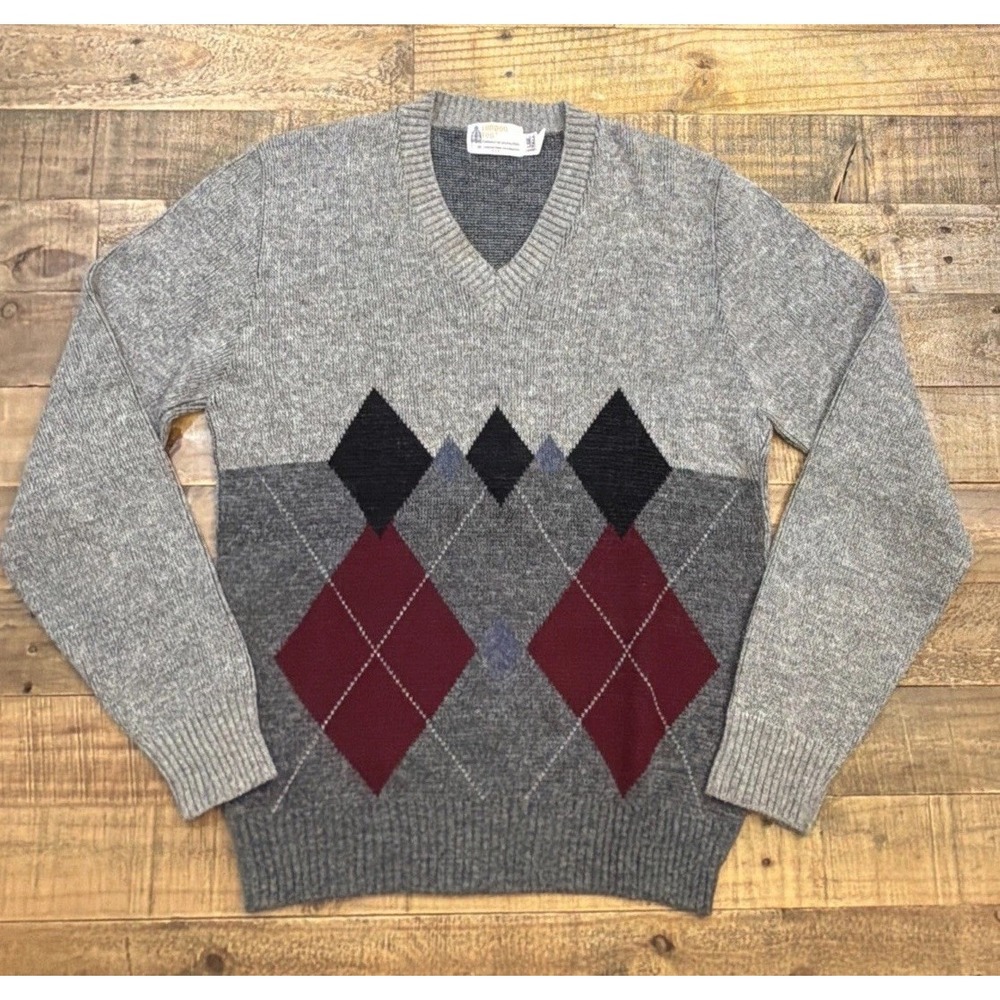 VTG London Fog Mens Argyle V-Neck Sweater Gray Solara, Wool, Mohair USA 80's/90s